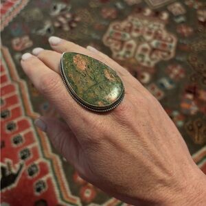 Green and Pink Teardrop Stone Ring handmade with silver US ring size about 7.